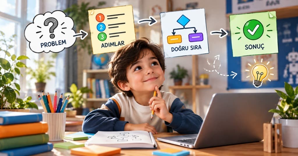 Çocuklara algoritma mantığını anlatan kodlama ve adım sıralama görseli