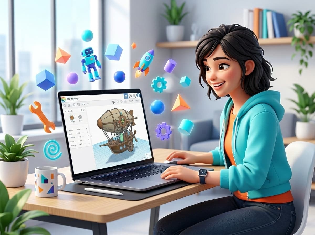 Tinkercad 3D Tasarım ve Modelleme Atölyesi — Öğrenci laptop üzerinde 3D dijital model tasarlıyor