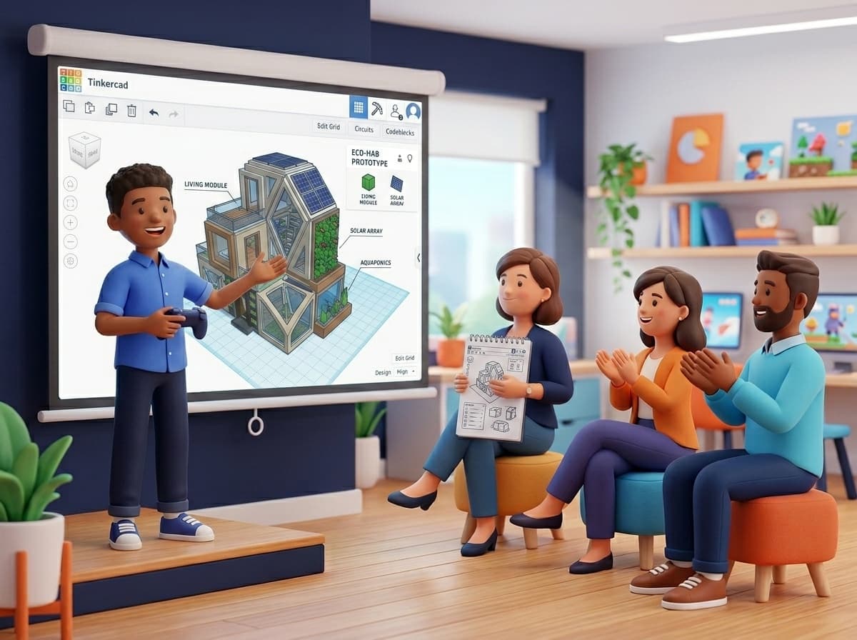 Öğrencinin tasarladığı 3D modeli dijital ekranda sunması