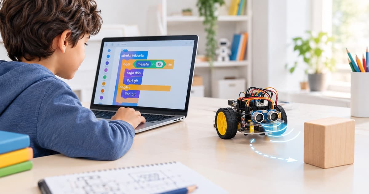 Çocuklar için robotik kodlama ve sensörlerle çalışan robotik proje