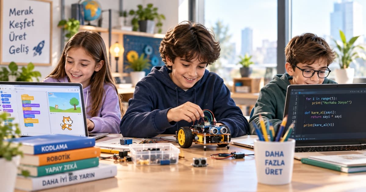 Scratch, robotik kodlama ve Python projeleri üzerinde çalışan öğrenciler