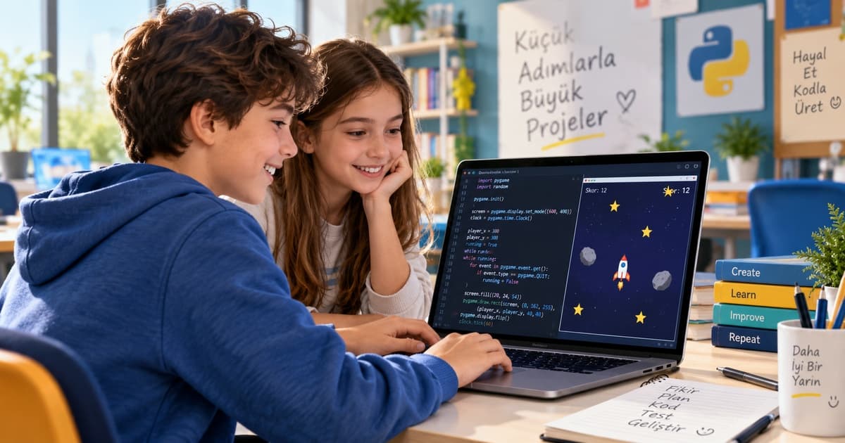 Python ile geliştirdikleri küçük bir oyunu birlikte test eden öğrenciler