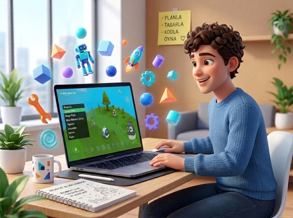 Kodu Game Lab ile 3D Oyun Geliştirme Atölyesi — Öğrenci laptop üzerinde kendi 3D oyun dünyasını tasarlıyor