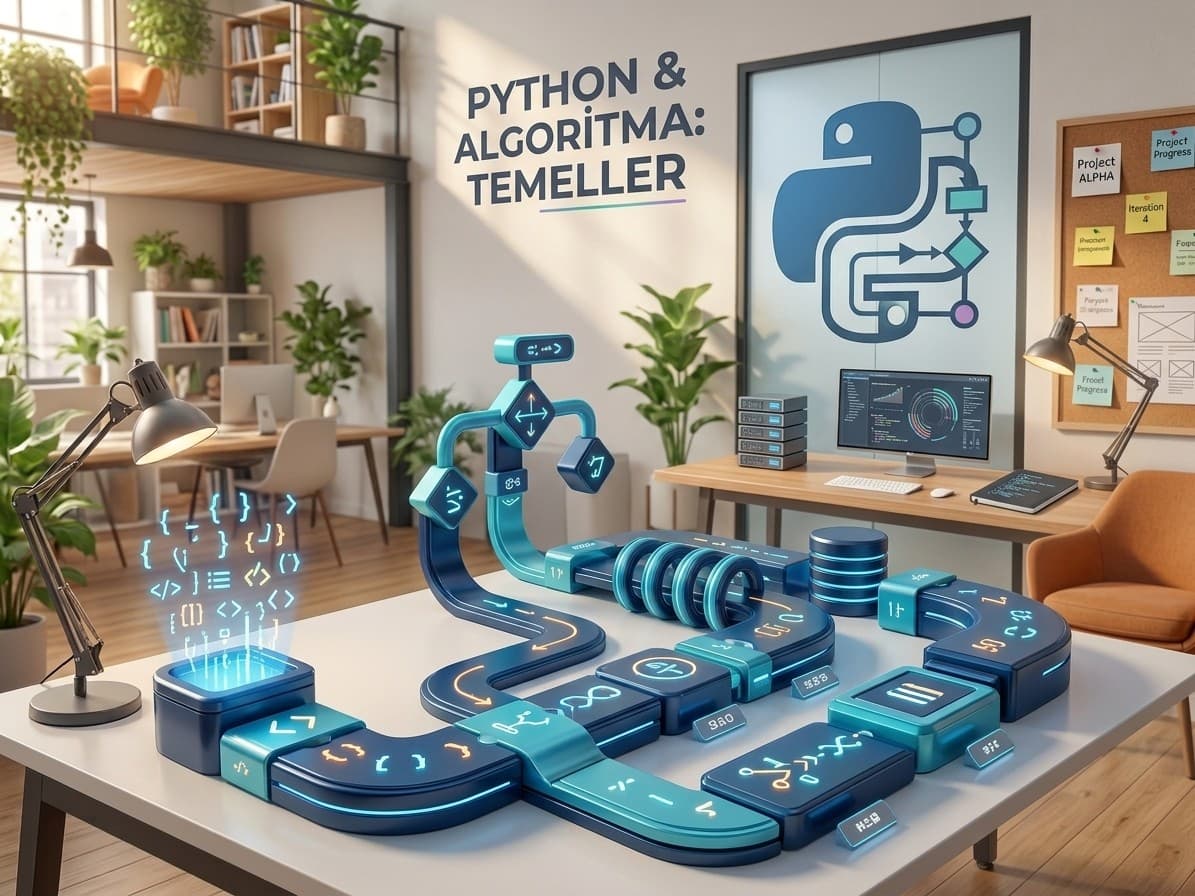 Python algoritma mantığı, veri işleme ve döngü akışı illüstrasyonu