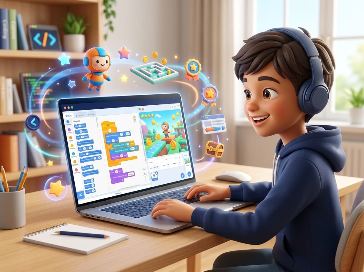 Scratch ile Algoritma Atölyesi — Öğrenci laptop üzerinde blok tabanlı oyun kodlama projesi geliştiriyor