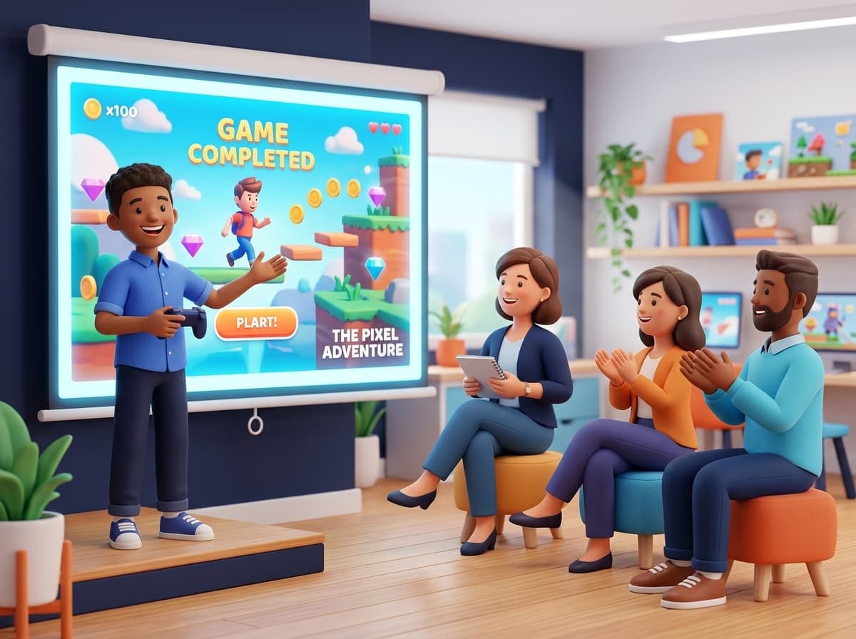 Öğrenci hazırladığı Scratch projesini velilerine ve öğretmenine sunuyor