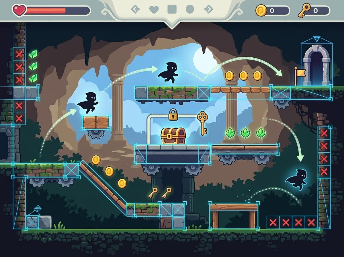 Unity 2D oyun motoru katmanları ve oyun mekaniği tasarımı illüstrasyonu
