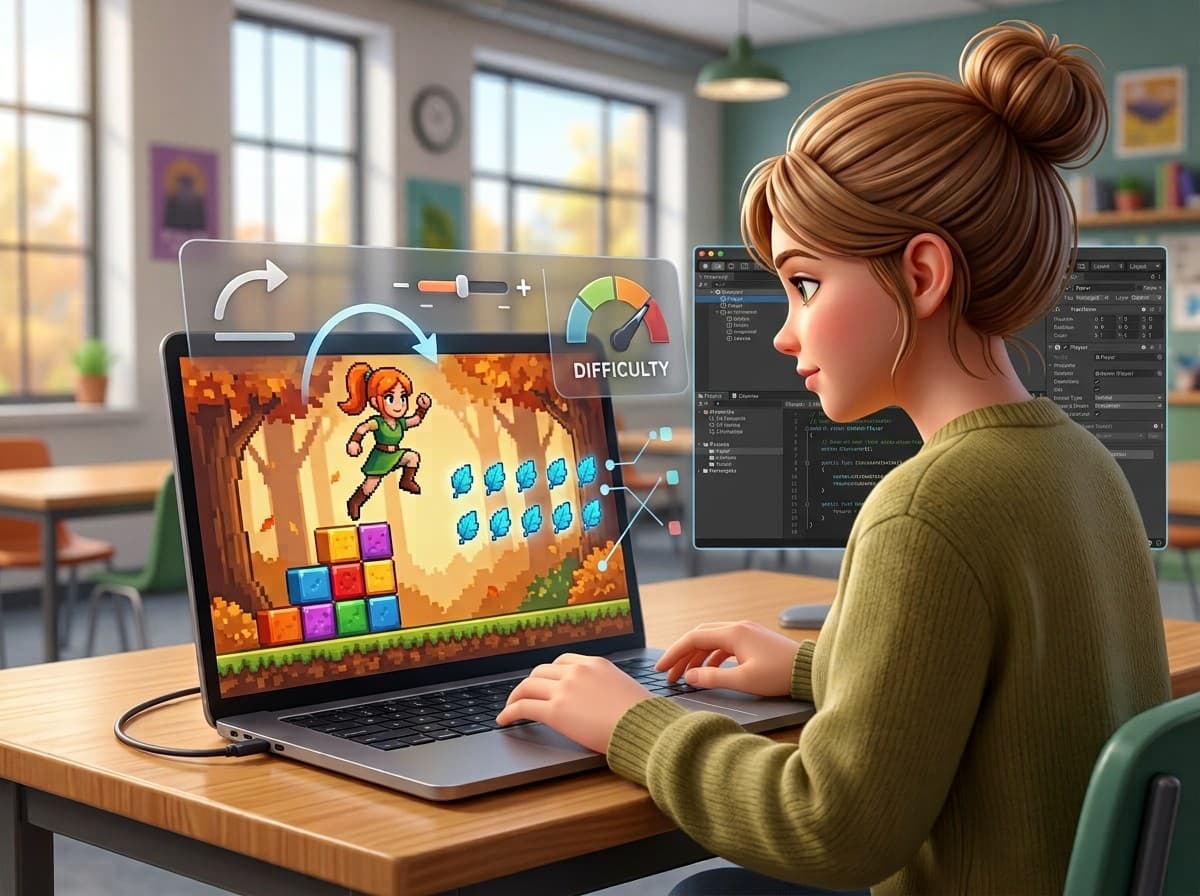 Öğrencinin Unity 2D oyun sahnelerini test etmesi, zıplama ve çarpışma mekaniklerini düzenlemesi