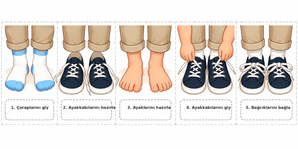 Ayakkabı giyme adımlarını gösteren günlük hayat algoritması örneği